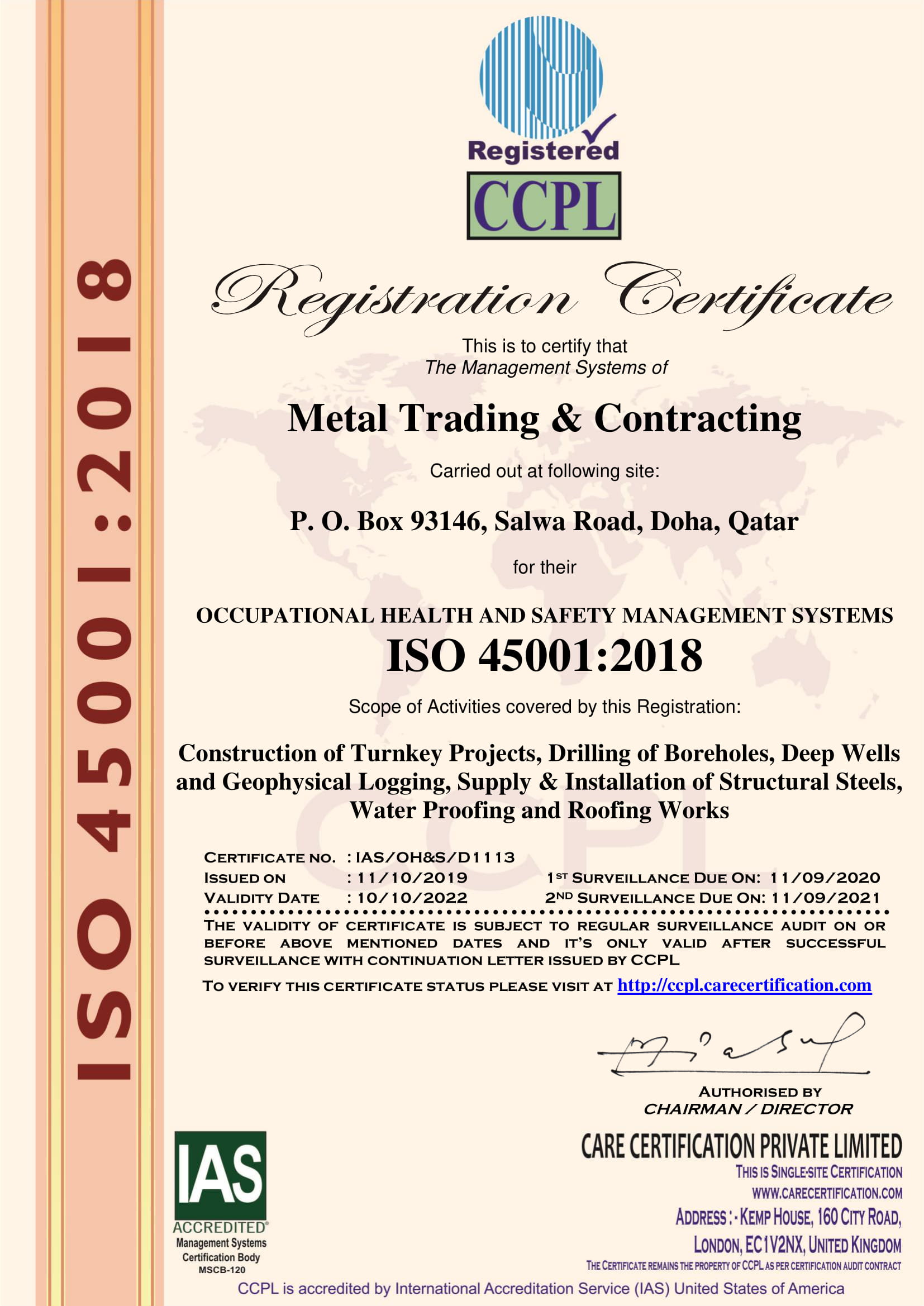 ISO Certification 45001-2018 - MTC